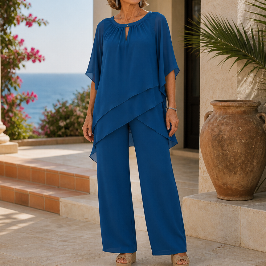 Zweiteiliges Hosenset mit asymmetrischer Chiffon-Lage und Hose mit weitem Bein