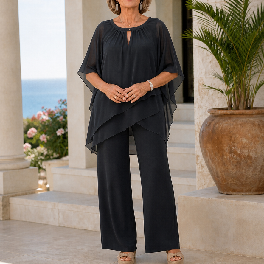 Zweiteiliges Hosenset mit asymmetrischer Chiffon-Lage und Hose mit weitem Bein