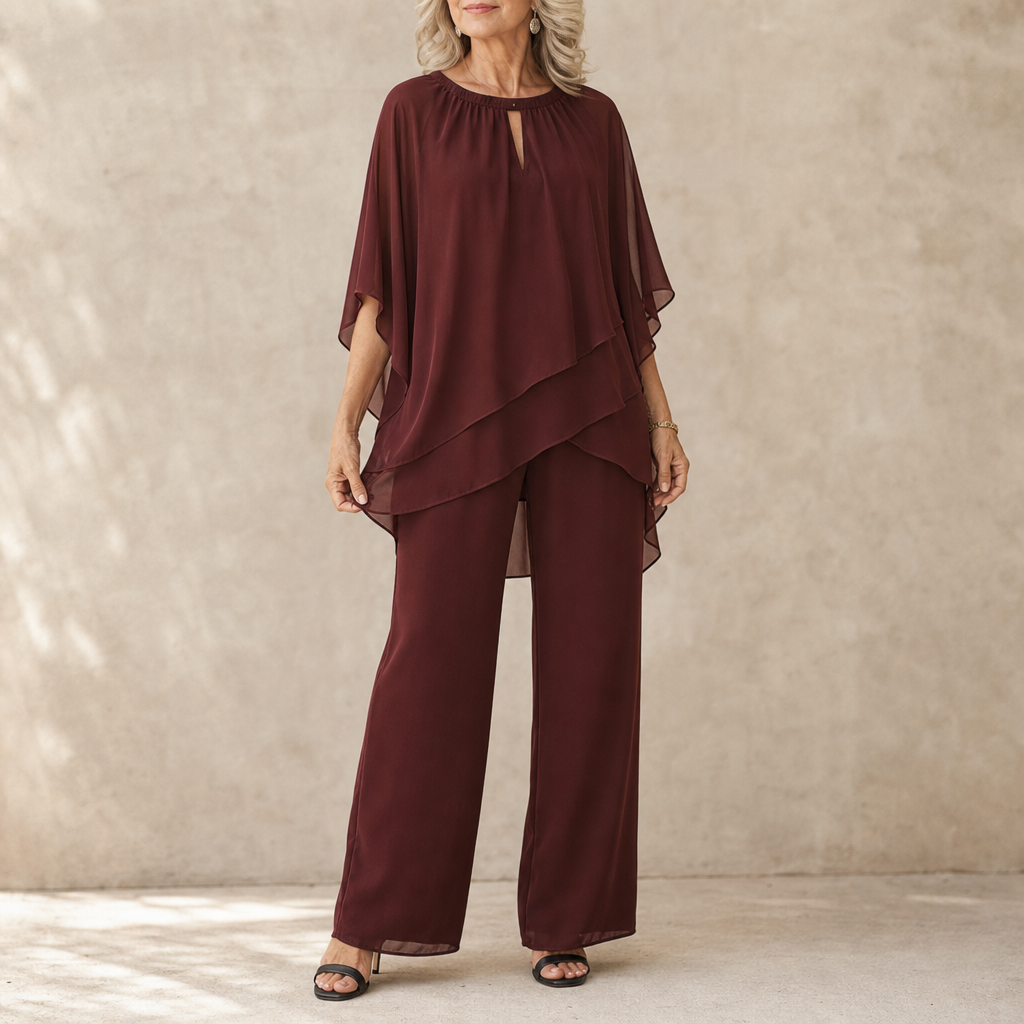 Zweiteiliges Hosenset mit asymmetrischer Chiffon-Lage und Hose mit weitem Bein