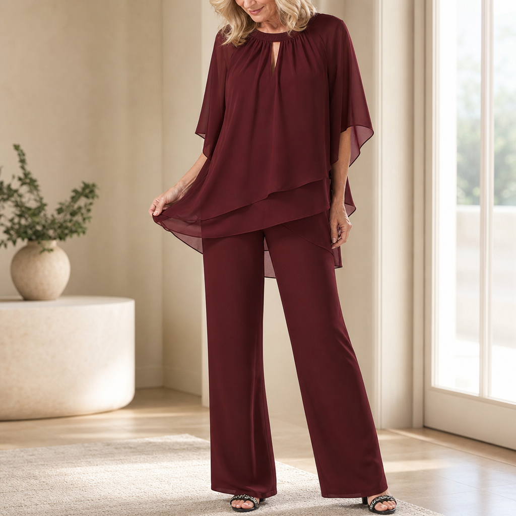 Zweiteiliges Hosenset mit asymmetrischer Chiffon-Lage und Hose mit weitem Bein
