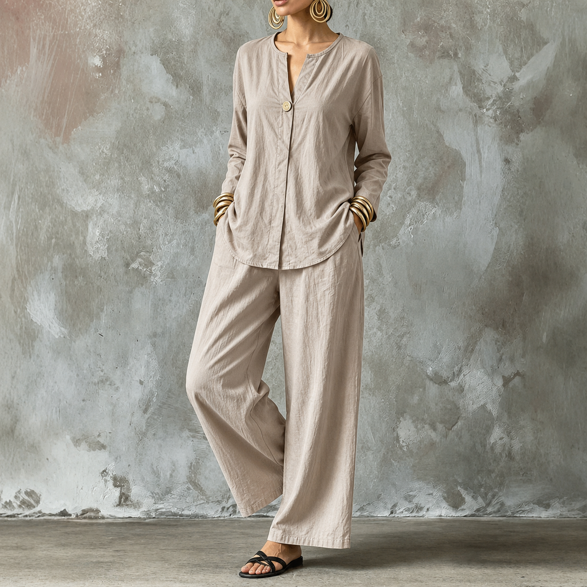 Zweiteiliges Set mit Hose mit weitem Bein und Hemd