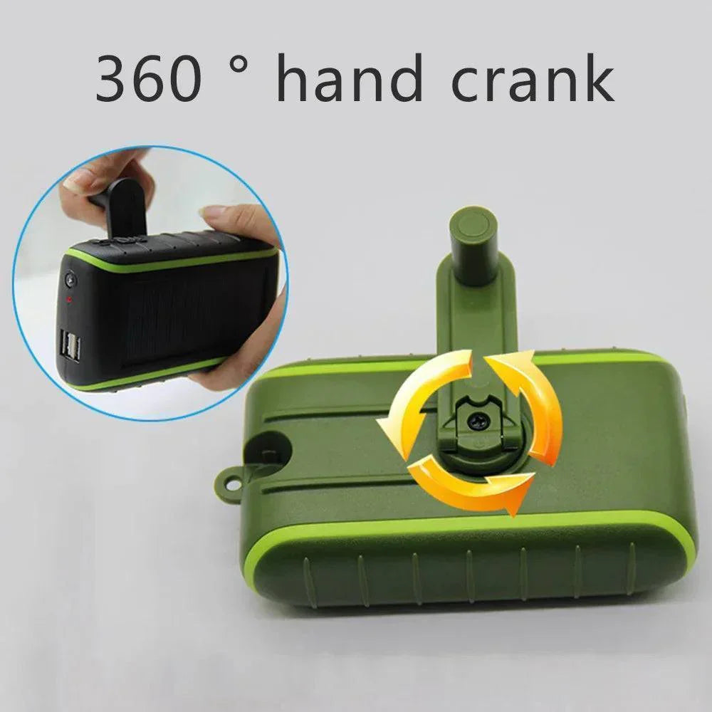 Solar-Powerbank mit Handkurbel und USB sowie Taschenlampe
