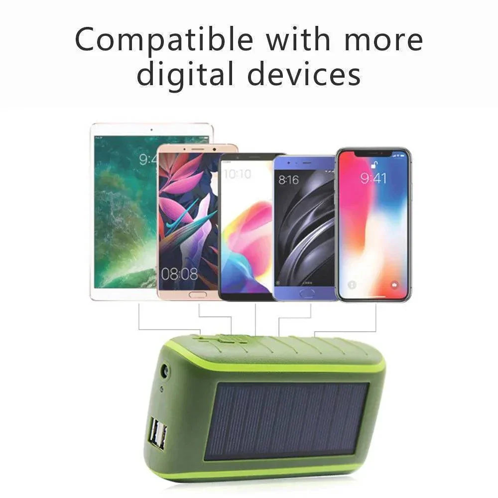 Solar-Powerbank mit Handkurbel und USB sowie Taschenlampe