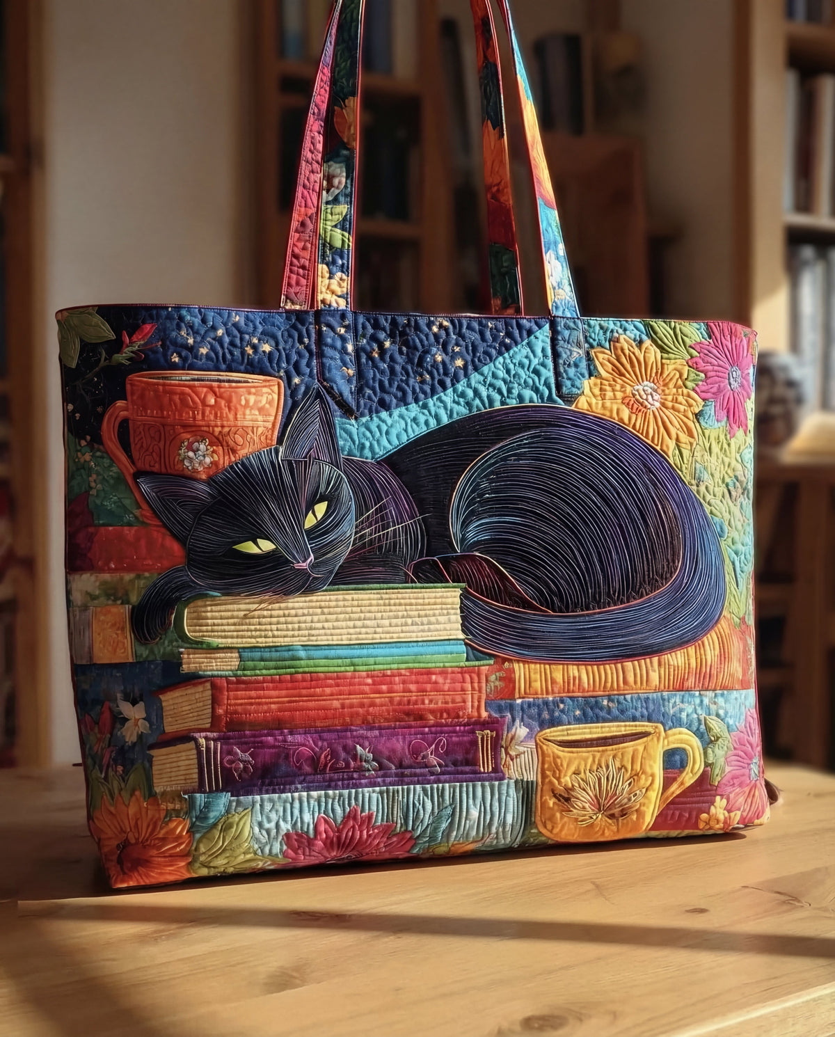 Handgefertigte Tote-Bag – Schwarze Katze mit Büchern und Tassen