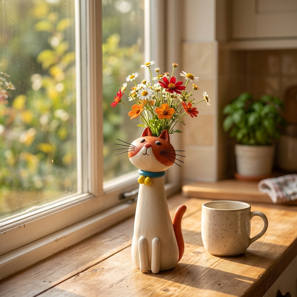 Handgefertigte Katzen-Blumenvase aus Keramik