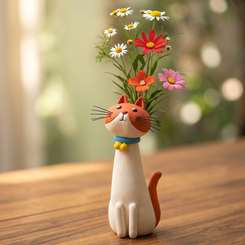 Handgefertigte Katzen-Blumenvase aus Keramik