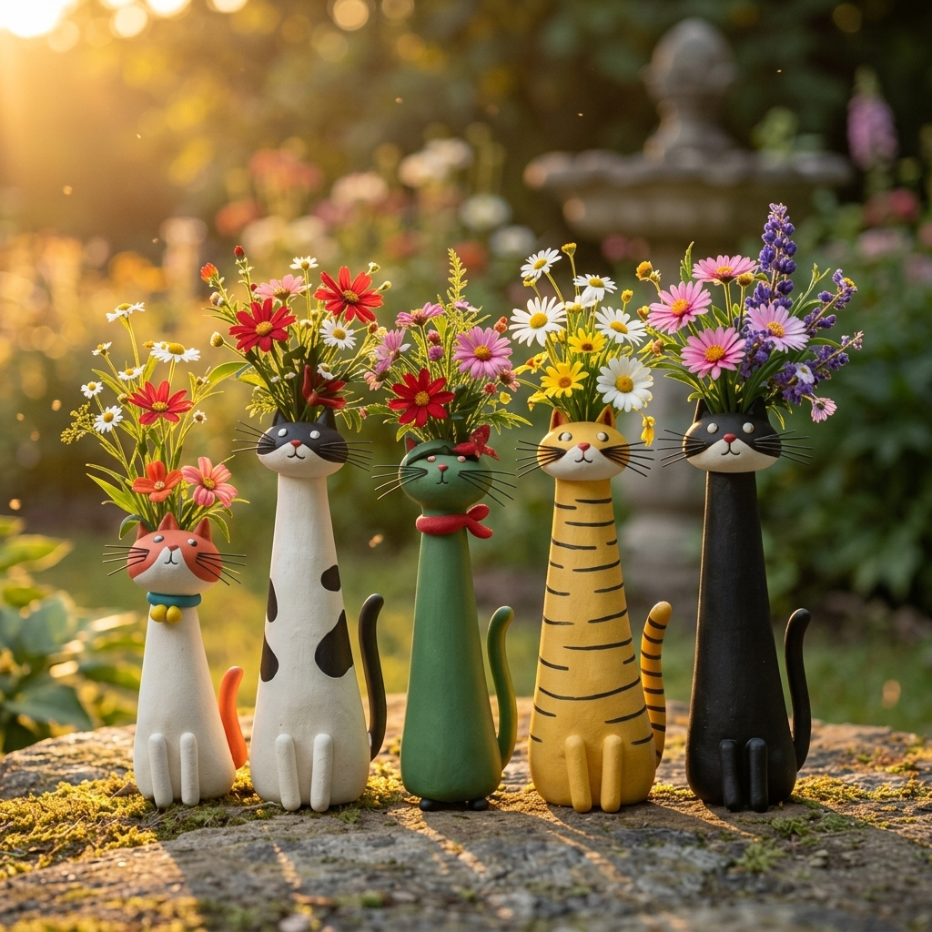 Handgefertigte Katzen-Blumenvase aus Keramik