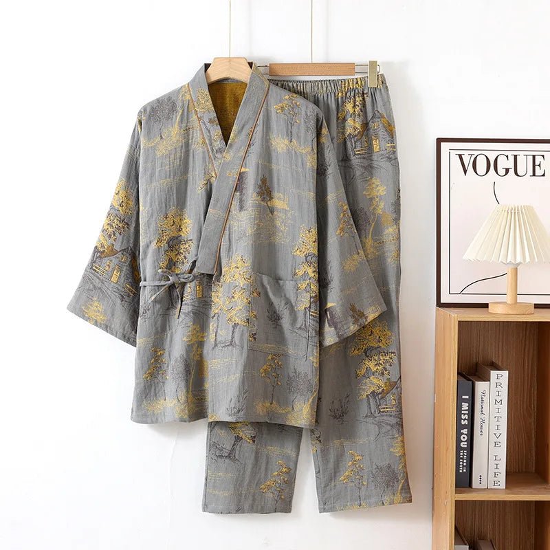 Kimono-Pyjama-Set aus Baumwolle im künstlerischen Aquarelldesign für entspannten Komfort zu Hause