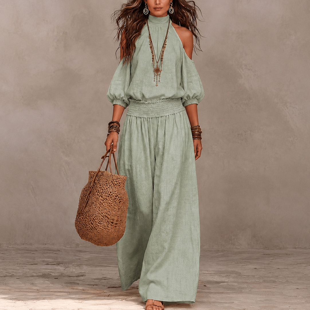 Set aus schulterfreiem Oberteil und Hose mit weitem Bein