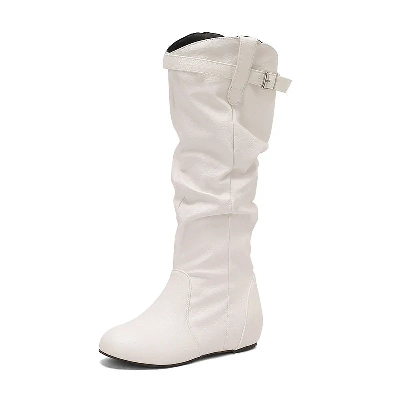 Klassische kniehohe Damen-Winterstiefel mit lockerer Passform für breite Waden mit Reissverschluss und Schnallen