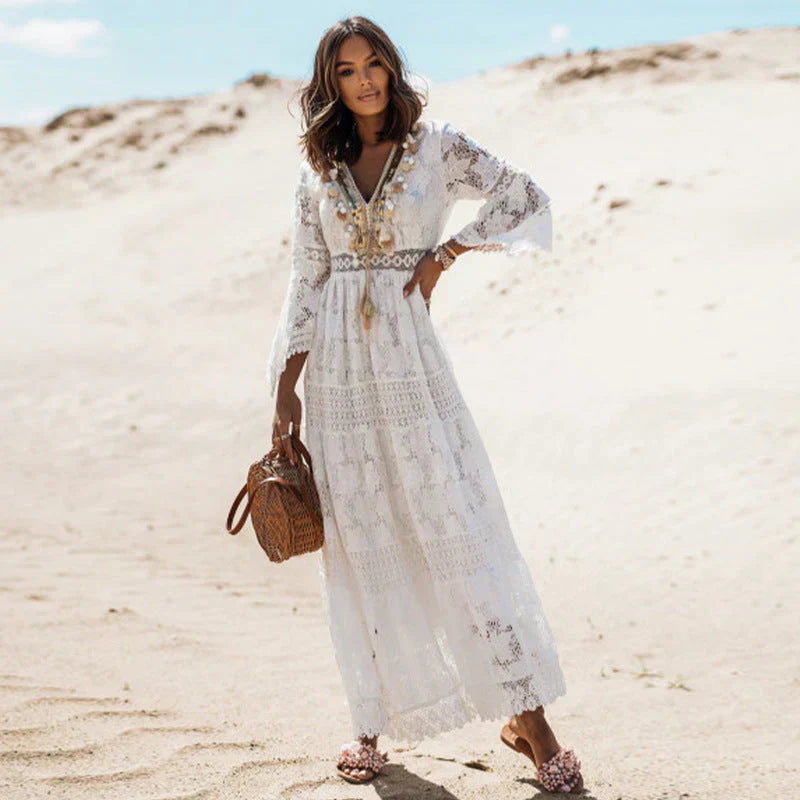 Fliessendes Damen-Boho-Maxikleid mit langen Ärmeln