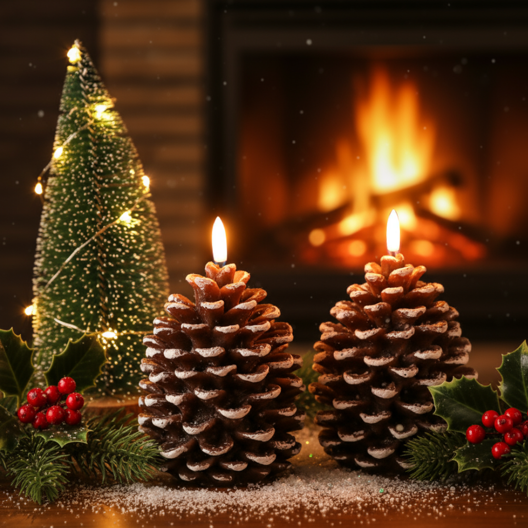 Flammenlose LED-Kerze in Tannenzapfenform – Warmweisse weihnachtliche Tisch-Nachtlampe