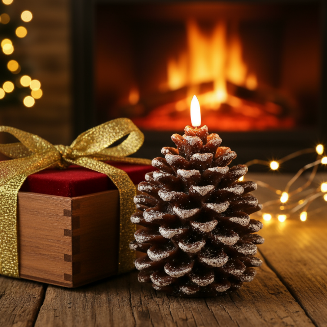 Flammenlose LED-Kerze in Tannenzapfenform – Warmweisse weihnachtliche Tisch-Nachtlampe