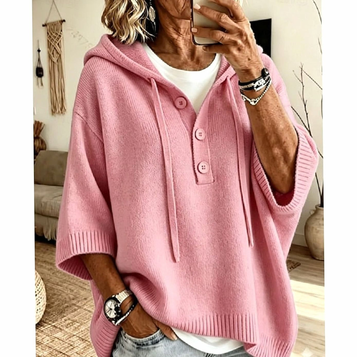 Lässiger Damen-Kapuzenstrickpullover mit halber Knopfleiste und 3/4-Ärmeln