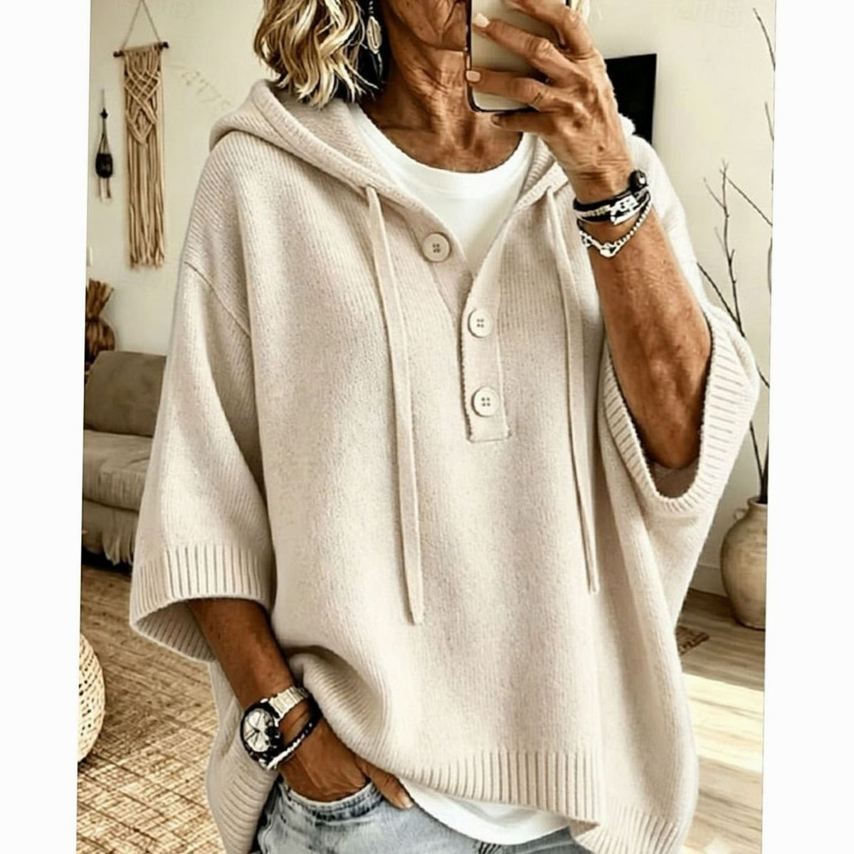 Lässiger Damen-Kapuzenstrickpullover mit halber Knopfleiste und 3/4-Ärmeln