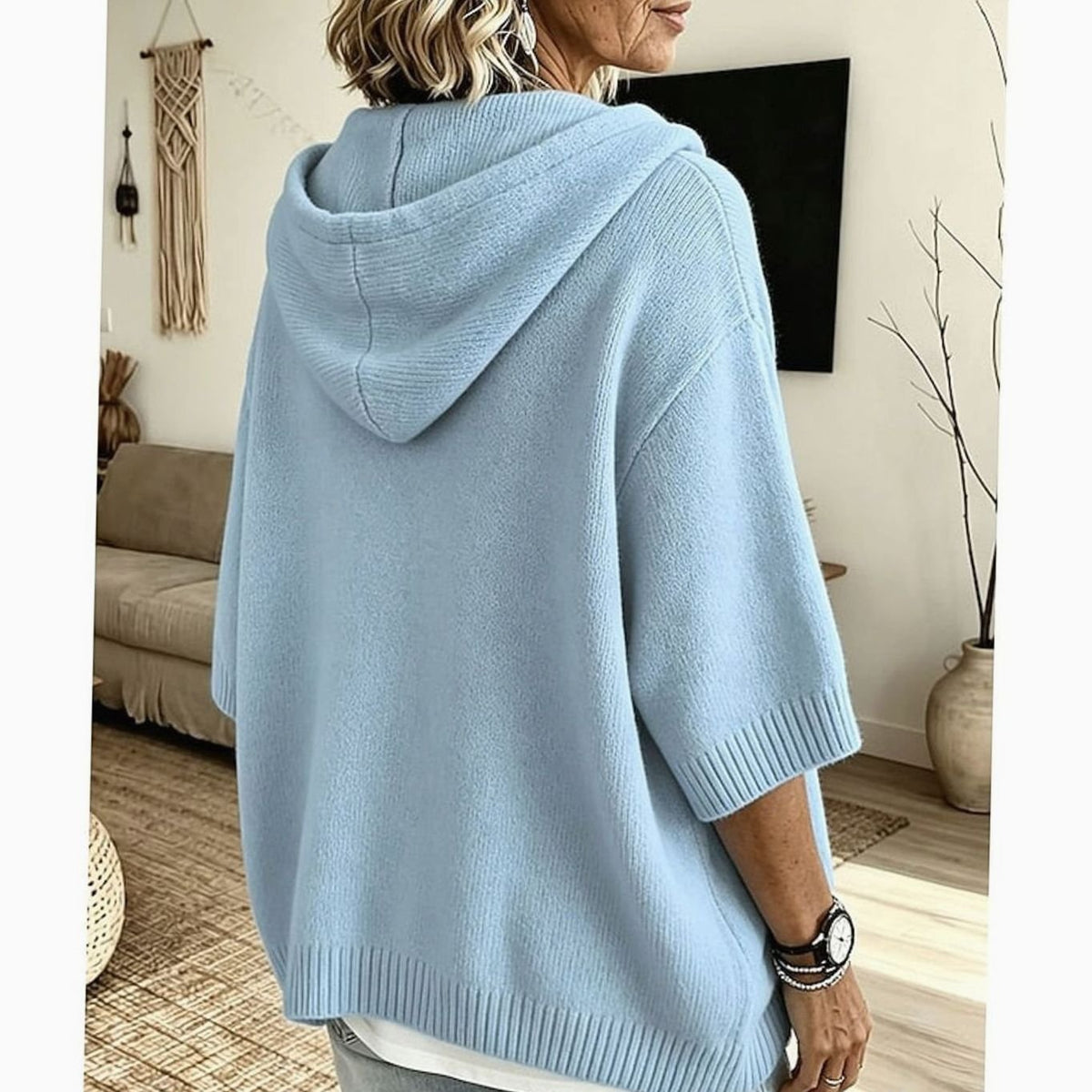 Lässiger Damen-Kapuzenstrickpullover mit halber Knopfleiste und 3/4-Ärmeln