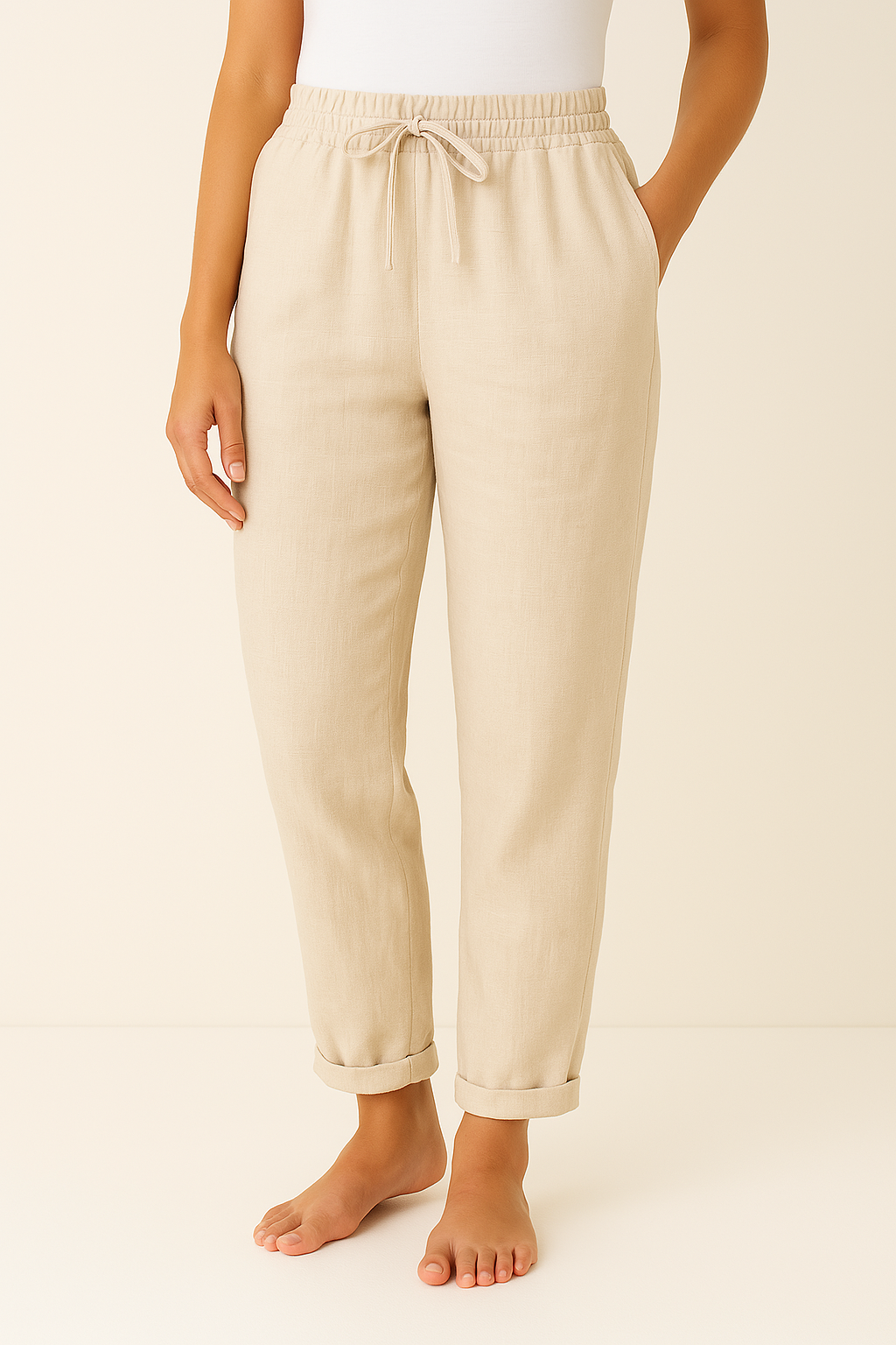 Lockere Leinenmischung-Hose mit Bindeband
