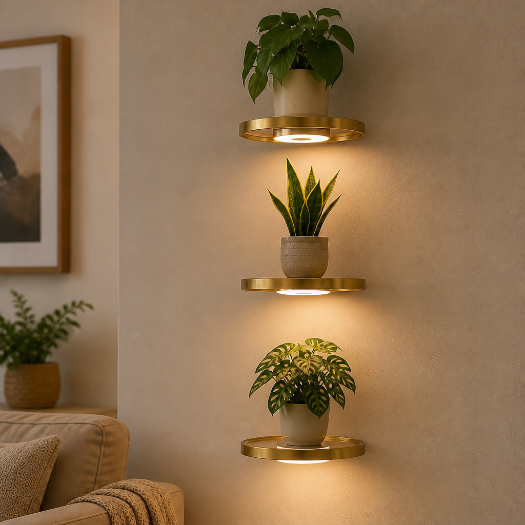 Schwebendes LED-Wandregal mit Goldbeschichtung, wiederaufladbarer Stimmungsbeleuchtung für Pflanzen