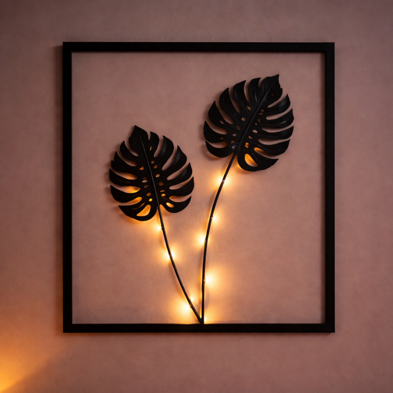 LED-Wanddekorationsrahmen mit botanischen Blättern und warmem Licht