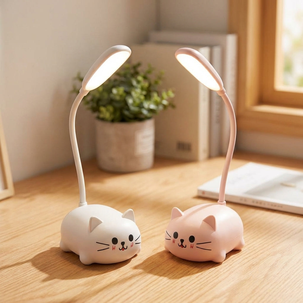 LED Schreibtischlampe mit verstellbarem Hals – Kompaktes Katzendesign in Blau, Rosa, Weiss und Grün