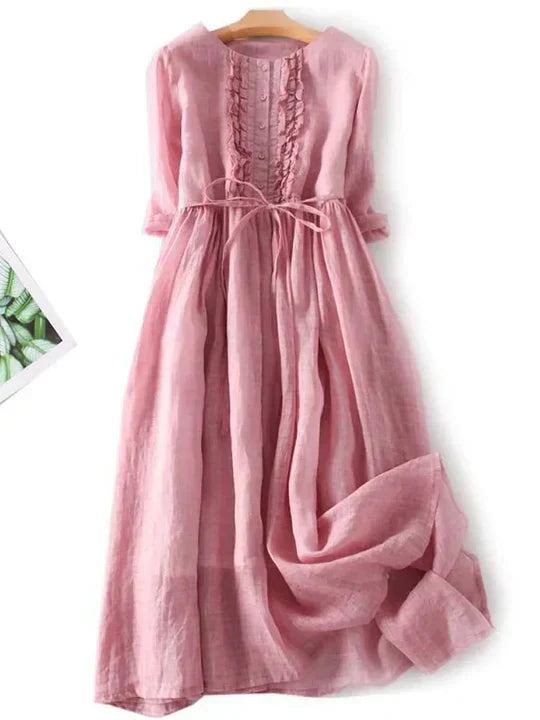 Luftiges Damen-Midikleid mit Rüschen und Taillenband zum Binden