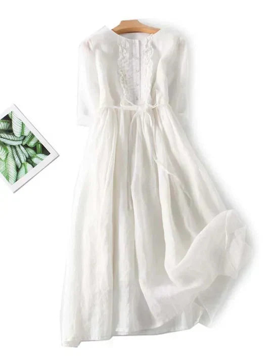 Luftiges Damen-Midikleid mit Rüschen und Taillenband zum Binden