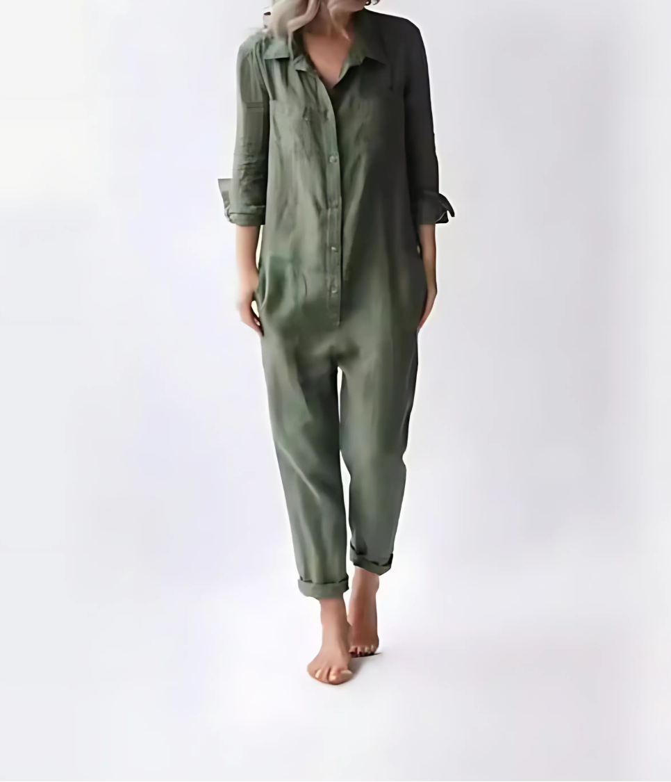 Locker geschnittener Damen-Leinen-Jumpsuit mit Knopfleiste vorne
