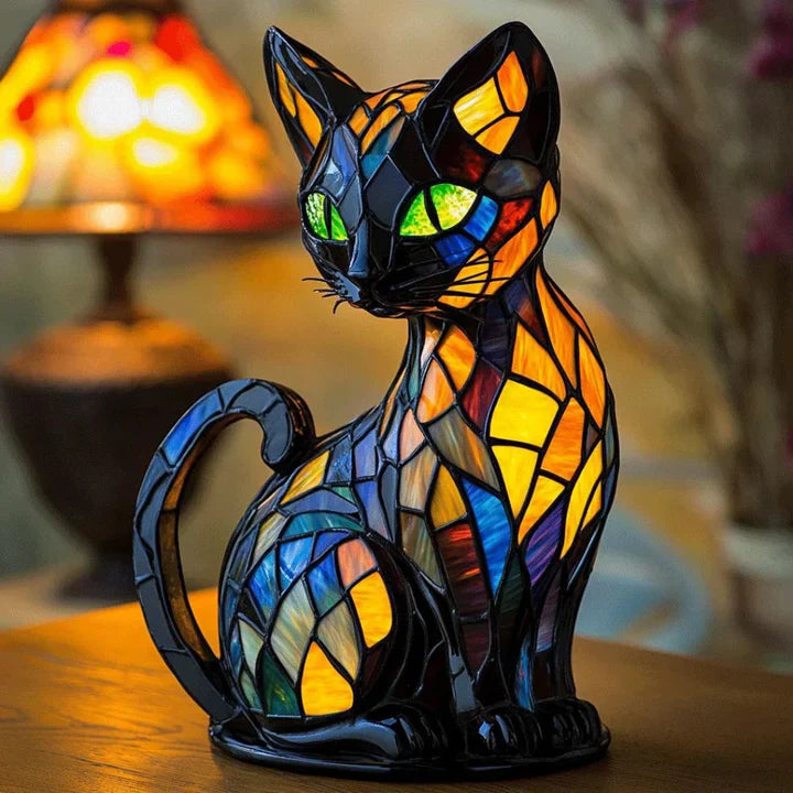 Glasmosaik-Tischlampe in Katzenform mit LED-Beleuchtung – 30-36 cm