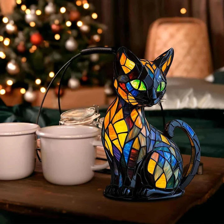 Glasmosaik-Tischlampe in Katzenform mit LED-Beleuchtung – 30-36 cm