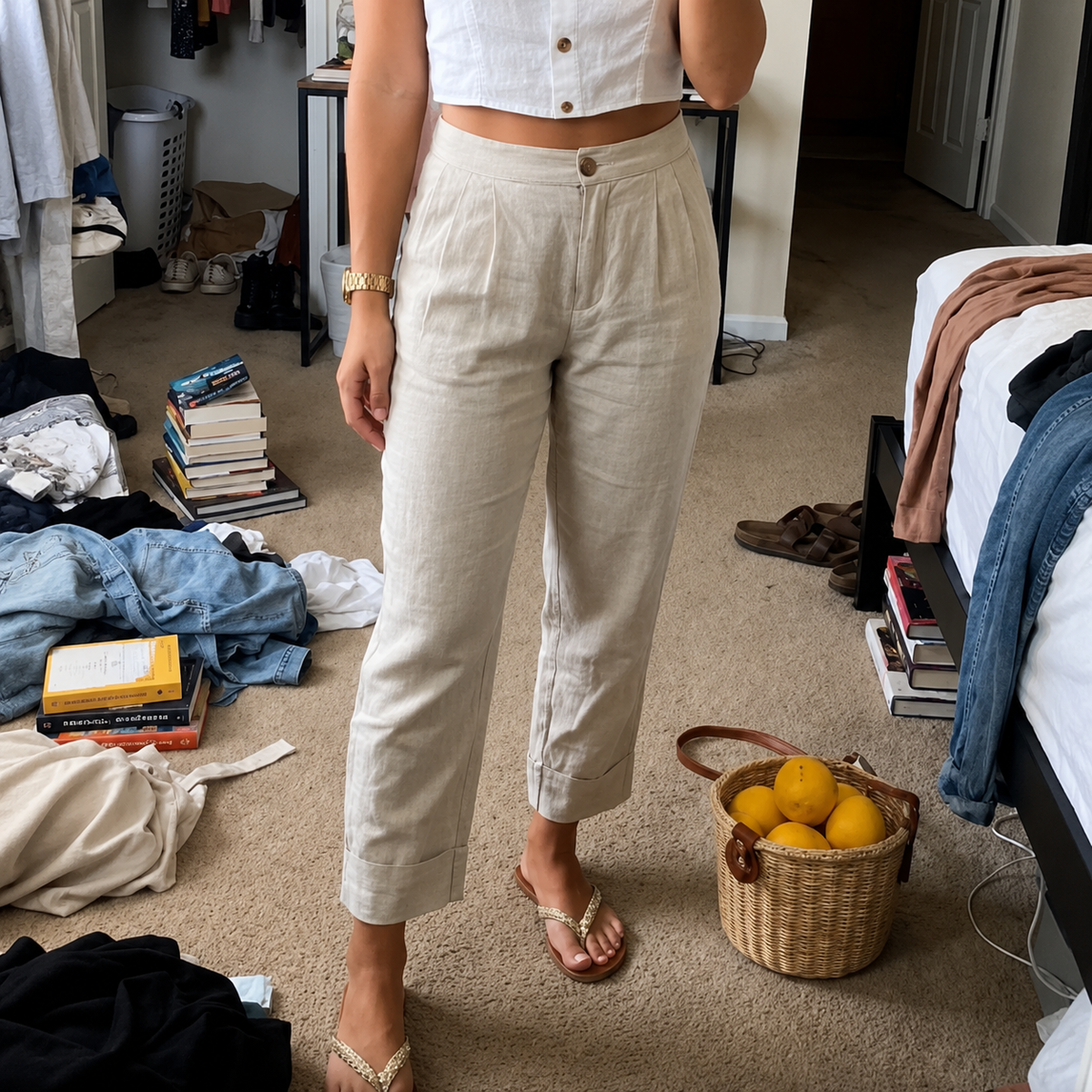Hose mit hoher Taille, weitem Bein und umgeschlagenem Saum