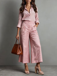 Zweiteiliges Damen-Leinen-Set mit hoher Taille und weitem Bein