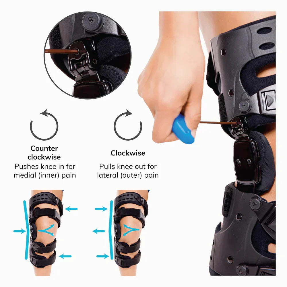 Medizinische Entlastungs-Knieorthese bei Arthrose, unikompartimentelle Orthese mit Varus- und Valgus-Korrektur, medialer und lateraler Entlastung sowie einstellbarer Bewegungskontrolle