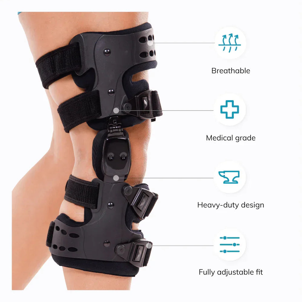 Medizinische Entlastungs-Knieorthese bei Arthrose, unikompartimentelle Orthese mit Varus- und Valgus-Korrektur, medialer und lateraler Entlastung sowie einstellbarer Bewegungskontrolle