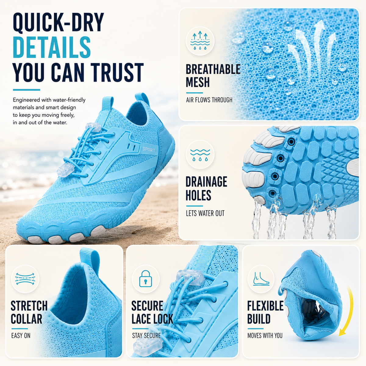 Barfuss-Wasserschuhe | Schnelltrocknende, rutschfeste Strandschuhe