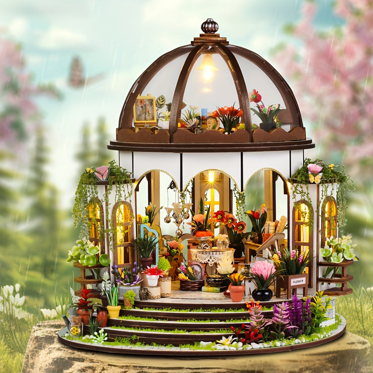 Miniatur-Blumenhaus – 3D-Holzpuzzle mit LED-Beleuchtung und detailreichem Garten