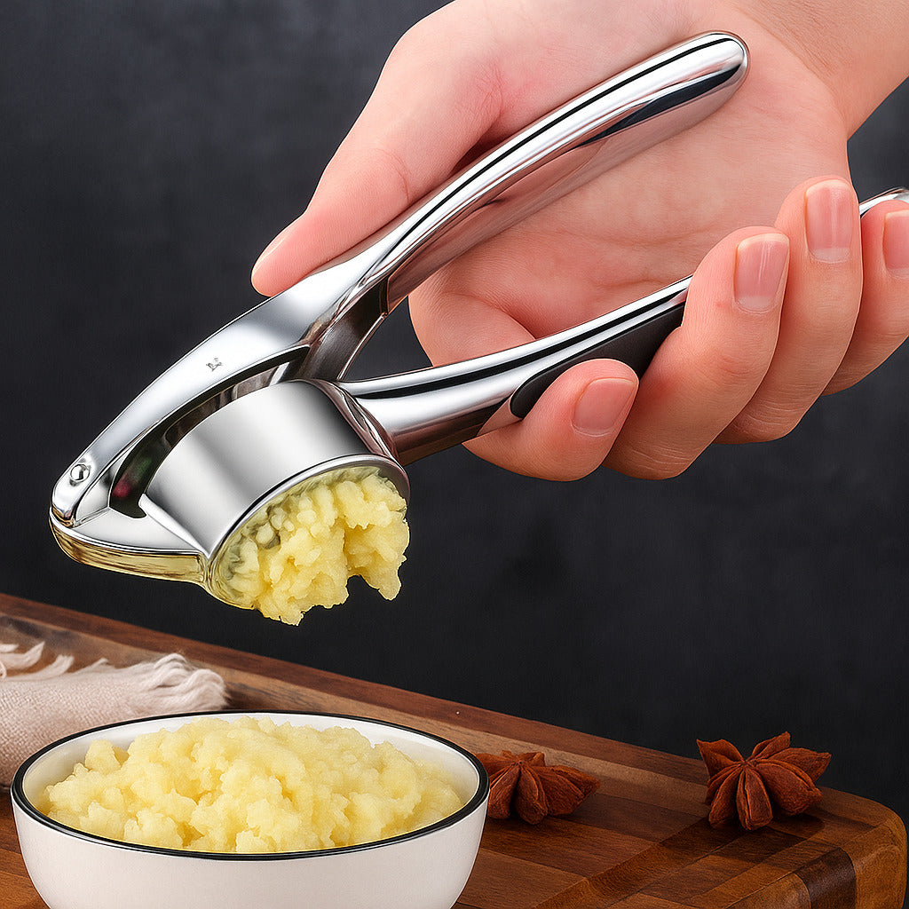 Minimalistische Knoblauchpresse aus Edelstahl mit rutschfestem Griff