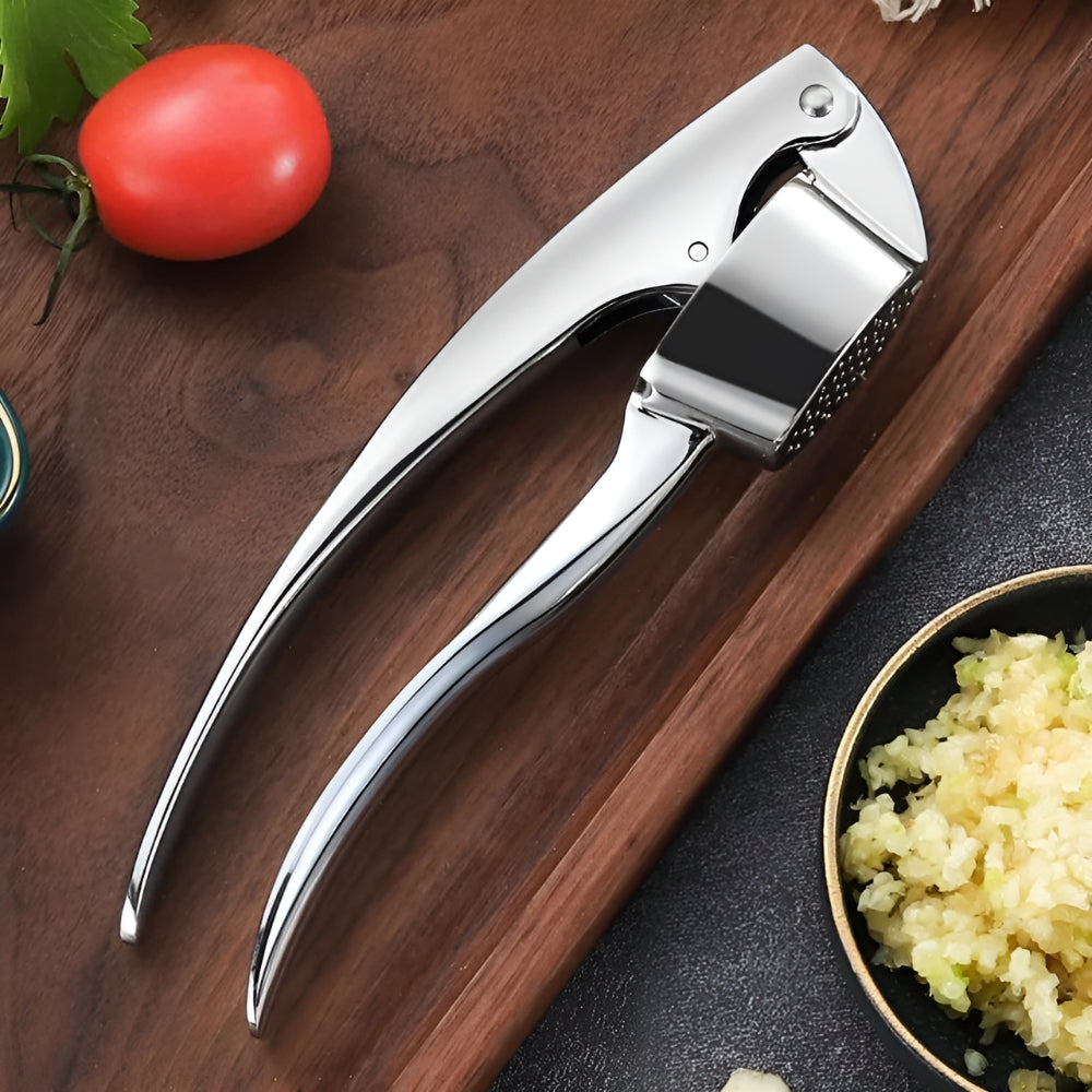 Minimalistische Knoblauchpresse aus Edelstahl mit rutschfestem Griff