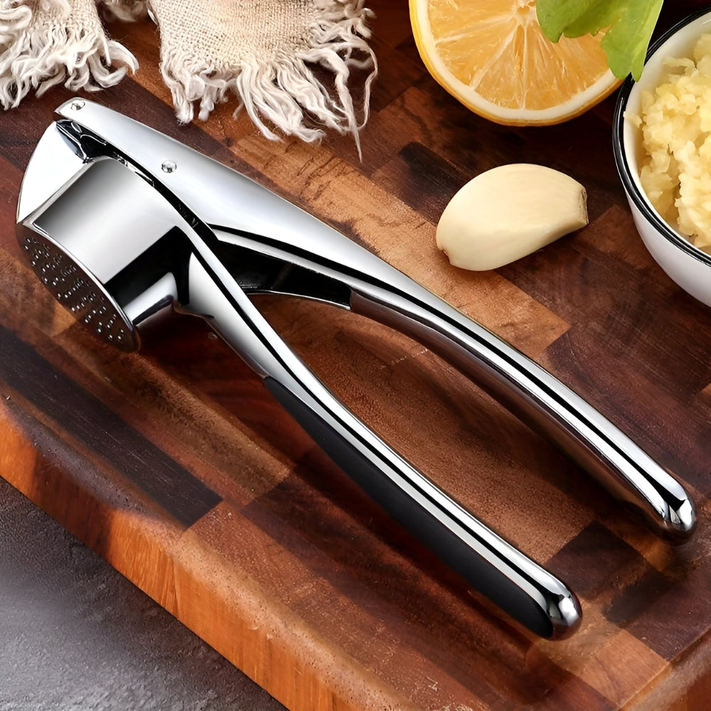 Minimalistische Knoblauchpresse aus Edelstahl mit rutschfestem Griff