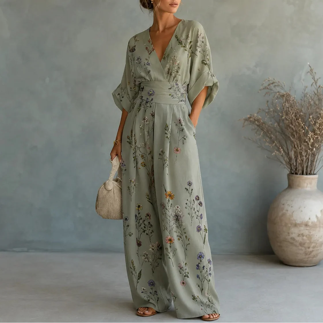Gemusterter Jumpsuit mit V-Ausschnitt, weitem Bein, taillierter Taille und Taschen