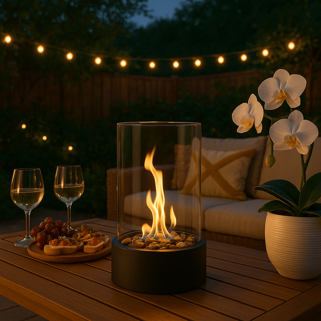 Moderner Tischkamin mit echter Flamme und rauchfreiem Bioethanol-Brennstoff