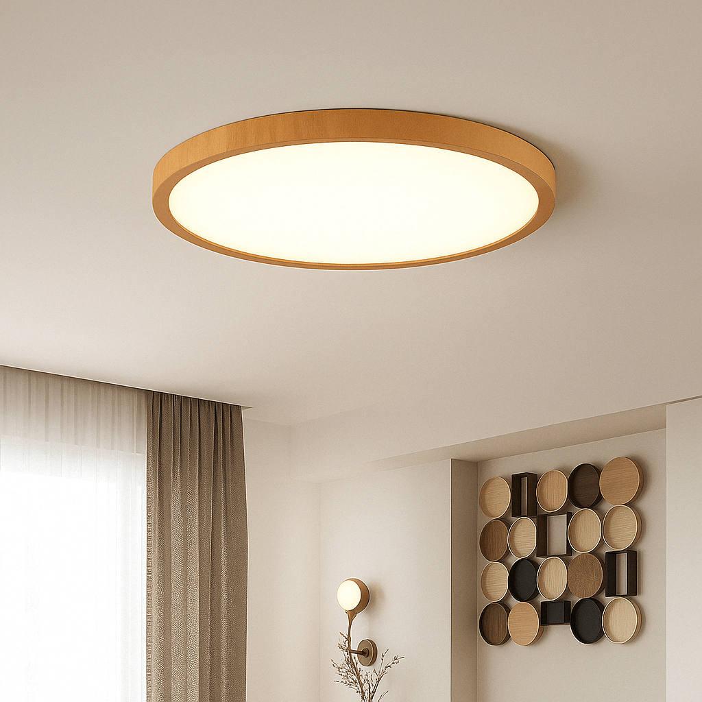 Moderne, runde, ultradünne LED-Deckenleuchte aus Holz