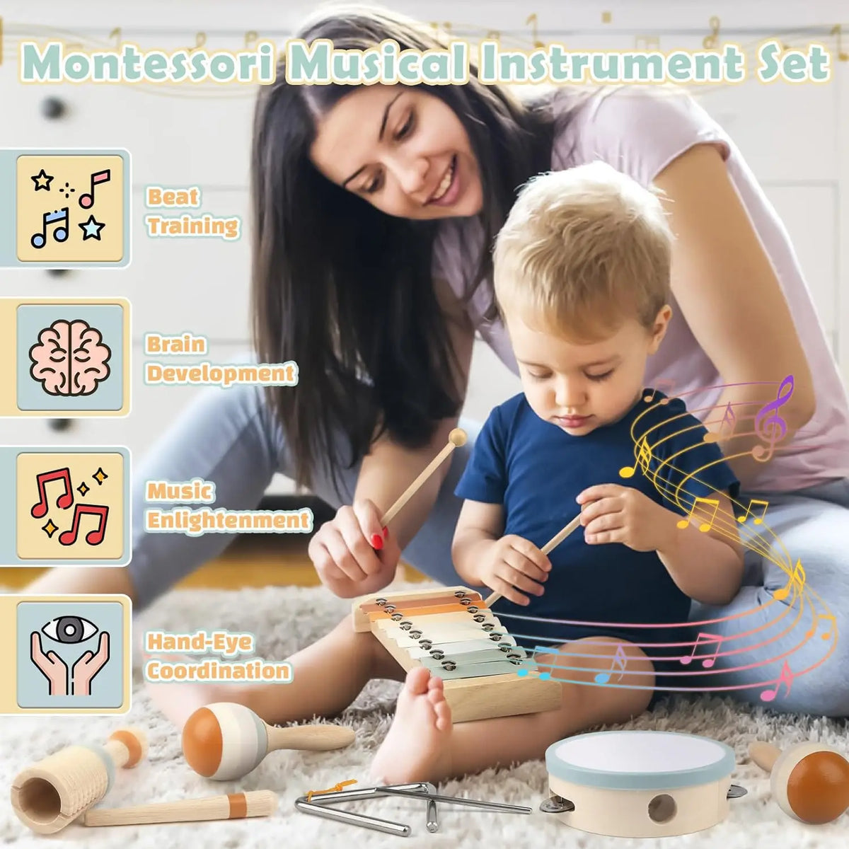 Montessori Musikinstrumente-Set aus Holz für Kleinkinder - Professionell gestimmtes Xylophon, Maracas und weitere Musikinstrumente - Entwicklungsförderndes Geschenk für Kindergartenkinder