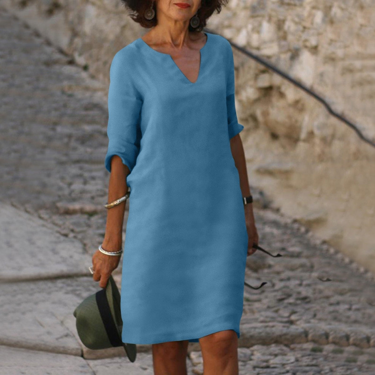 Damen Midikleid mit 3/4-Ärmeln und geradem Schnitt