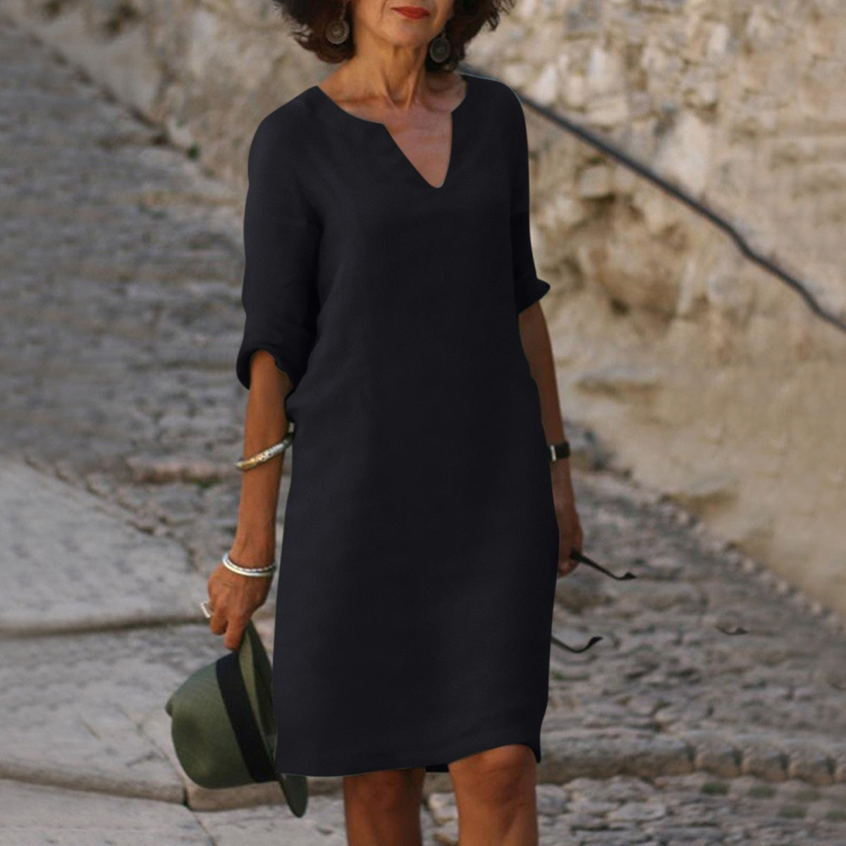 Damen Midikleid mit 3/4-Ärmeln und geradem Schnitt