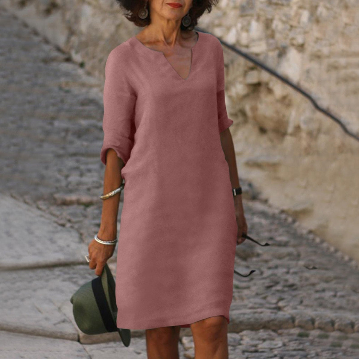 Damen Midikleid mit 3/4-Ärmeln und geradem Schnitt