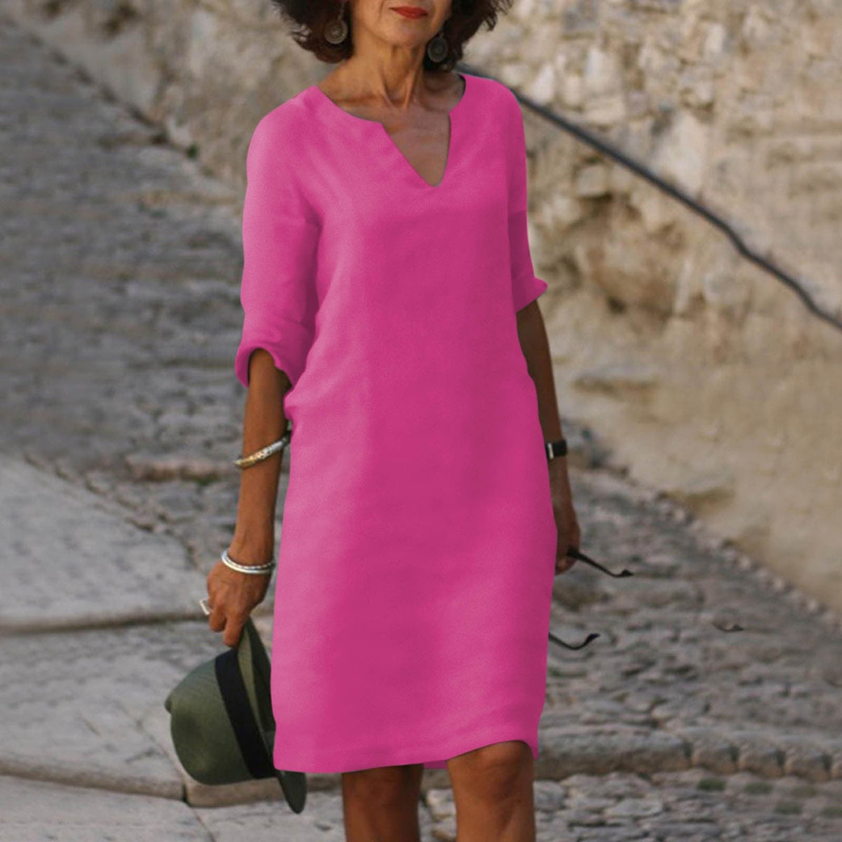 Damen Midikleid mit 3/4-Ärmeln und geradem Schnitt