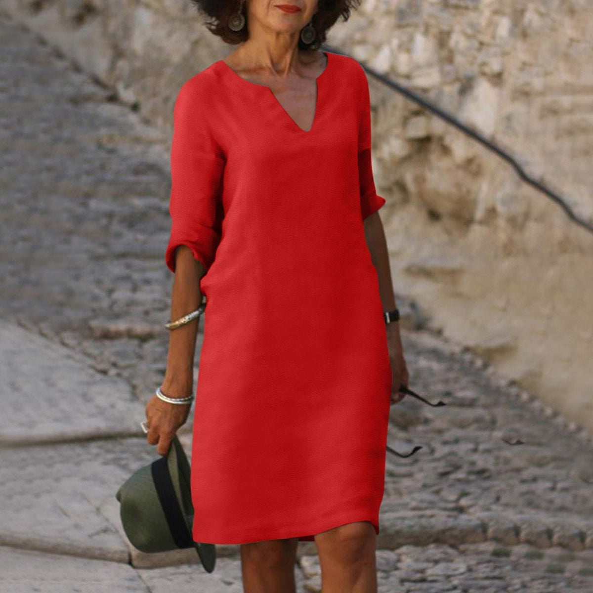Damen Midikleid mit 3/4-Ärmeln und geradem Schnitt