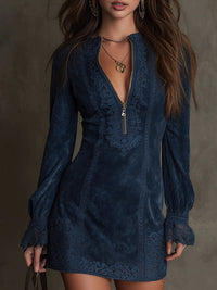 Damen A-Linien Jeans-Minikleid mit langen Ärmeln und Spitzensaum