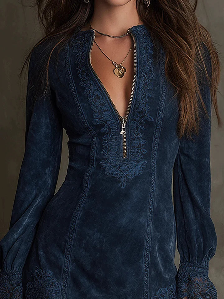 Damen A-Linien Jeans-Minikleid mit langen Ärmeln und Spitzensaum