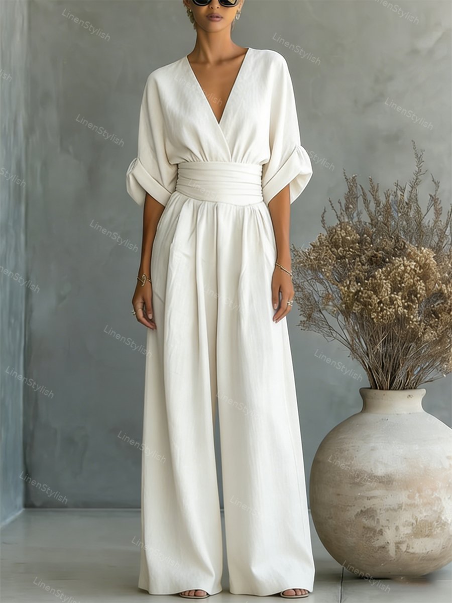 Langer Damen-Jumpsuit mit V-Ausschnitt in Wickeloptik